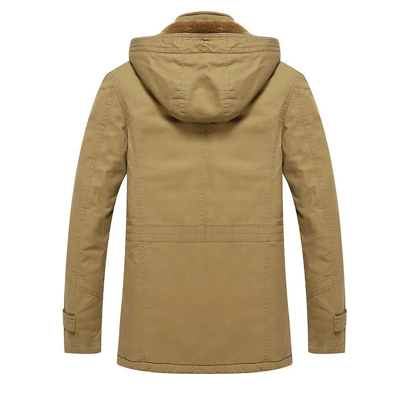 Men's fleece-lined cotton jacket in khaki, black or army green, long sleeve, sizes L to 5XL