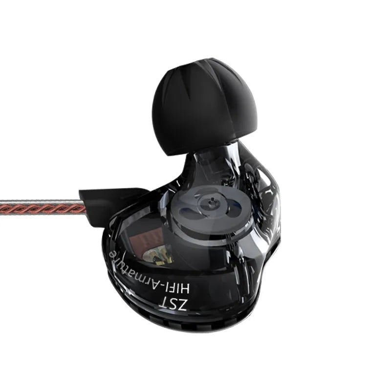 Ring Iron in-ear subwoofer headphones with black cable, 3.5mm L-bend plug, and silicone earplugs