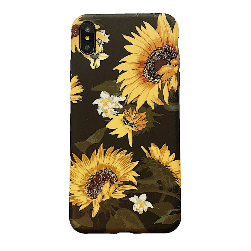 Black sunflower flower phone case for iPhone models, silicone TPU back cover with oil spray water paste floral design