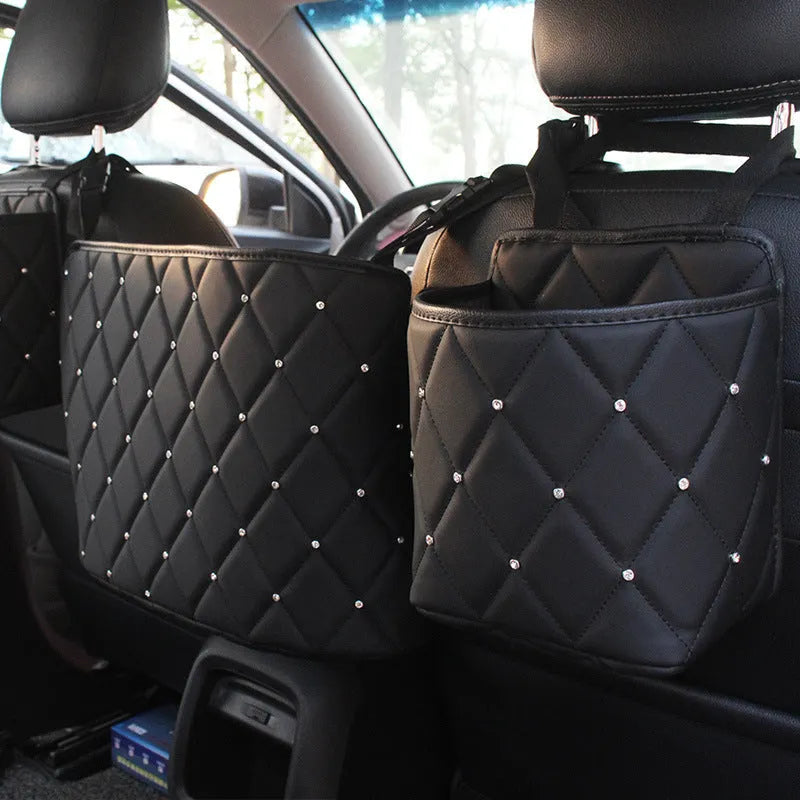 Rhinestone car storage bag in Star colour, PU leather between-seat organiser, sizes 18x10x21cm and 38x28x12cm