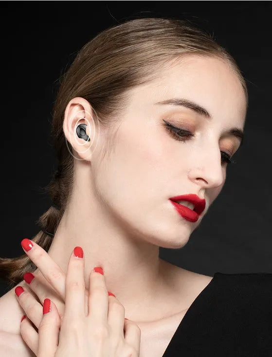 Black and white wireless in-ear Bluetooth headphones with a compact charging case.