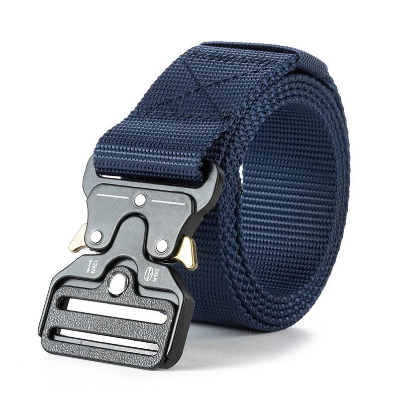 Men's canvas tactical belt with quick-release alloy buckle shown in Army Green colour, laid flat to show its 120cm length.