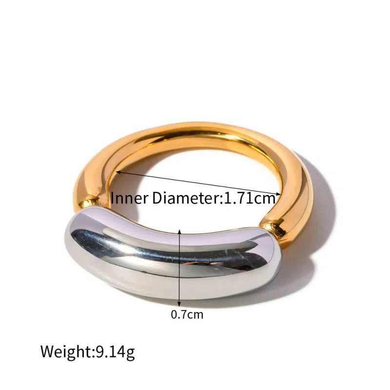 18K gold-plated double-arc geometric stainless steel ring for women on white background