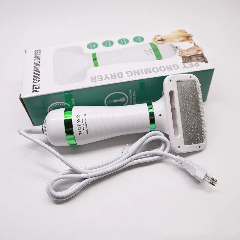 2-in-1 gold pet drying brush with comb, 304 stainless steel needles, rotating head, and UK plug