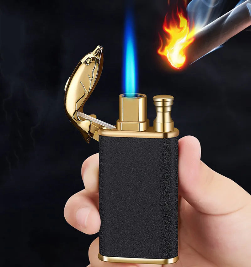 Double flame metal novelty lighter with dragon design showing blue jet fire.