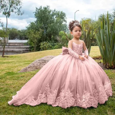 Girls' long small trailing lace mesh bubble skirt in Bean Pink with polyester lining, full front view