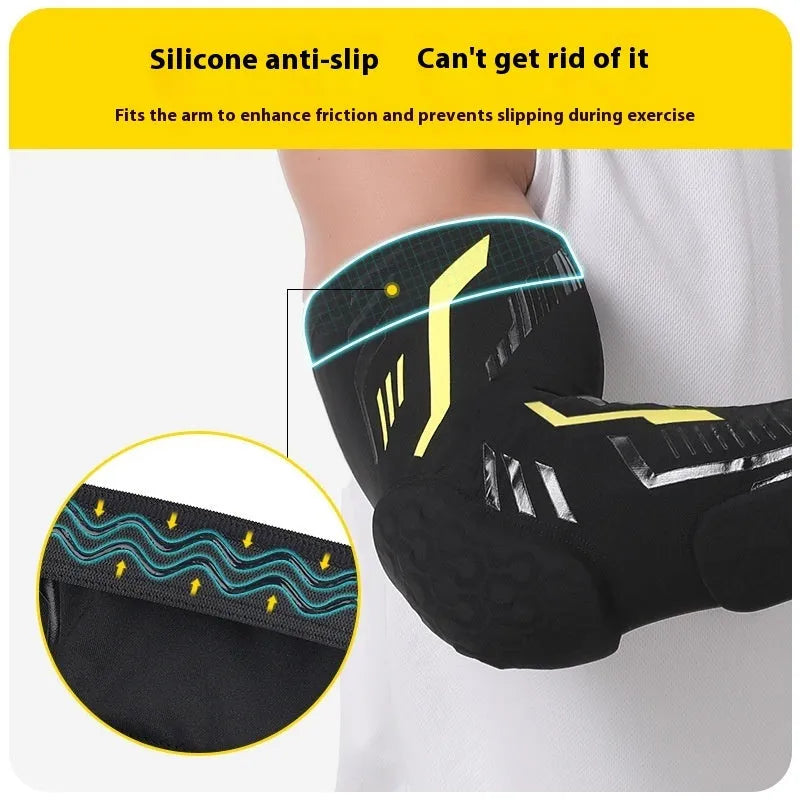Breathable long training elbow pad for basketball, black and blue design with extended forearm coverage
