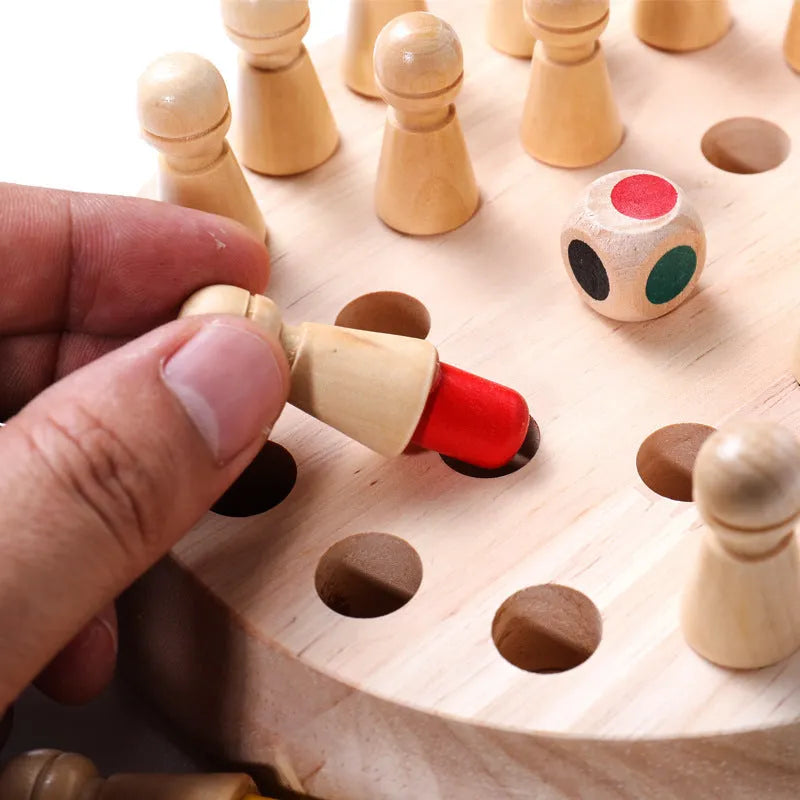 Wooden memory chess game for children with beech wood board and colour pieces for educational play