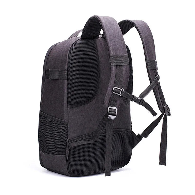 Black waterproof drone backpack with internal camera and laptop organisers showing multiple zipper compartments