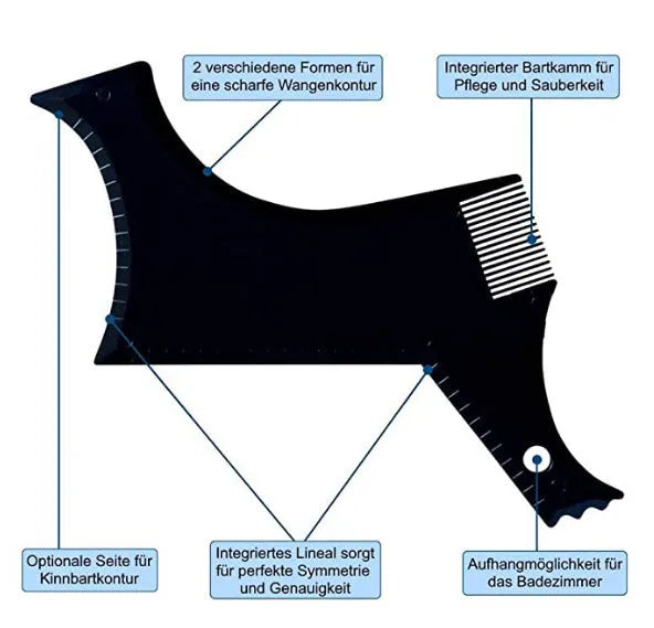 Beard styling comb with ABS plastic handle for symmetric trimming lines, 20.5x10.5x0.35cm, black colour