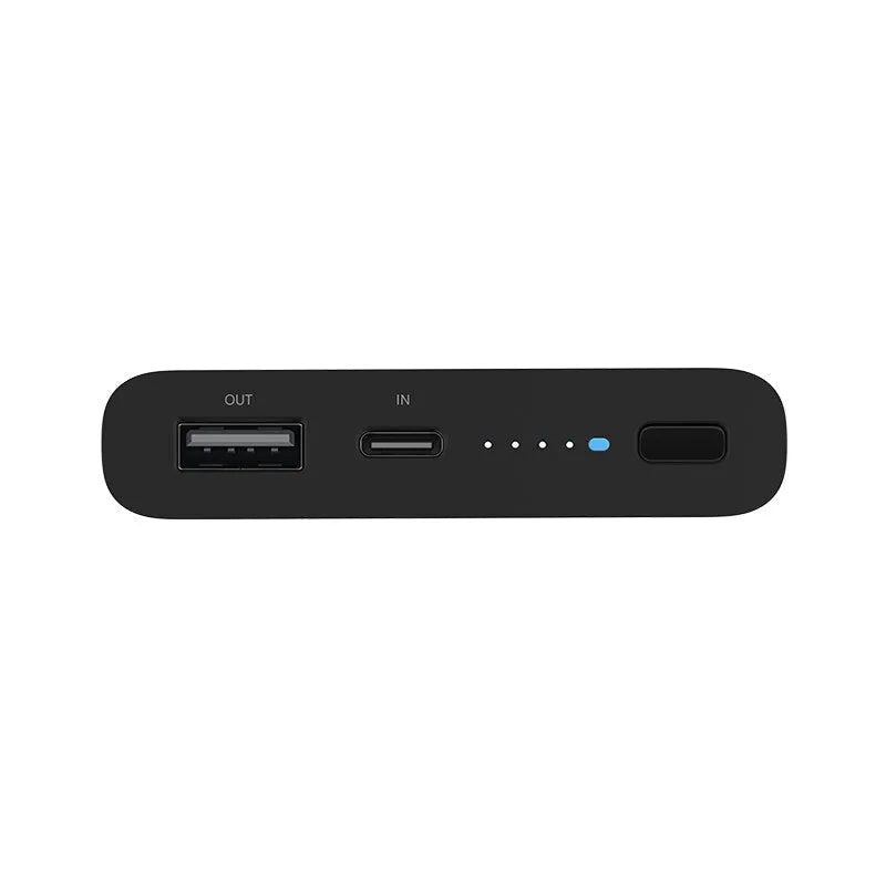 Black and white 10000mAh power bank with wireless charging and USB Type C port.