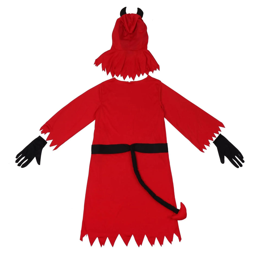 Red polyester Halloween demon costume with horned hood, serrated dress, plush tail, and wrist gloves