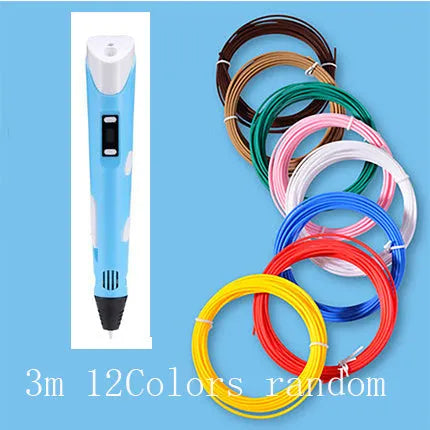 Yellow 3D printing pen with 12 colour PLA filament spools and UK power adapter on a white background