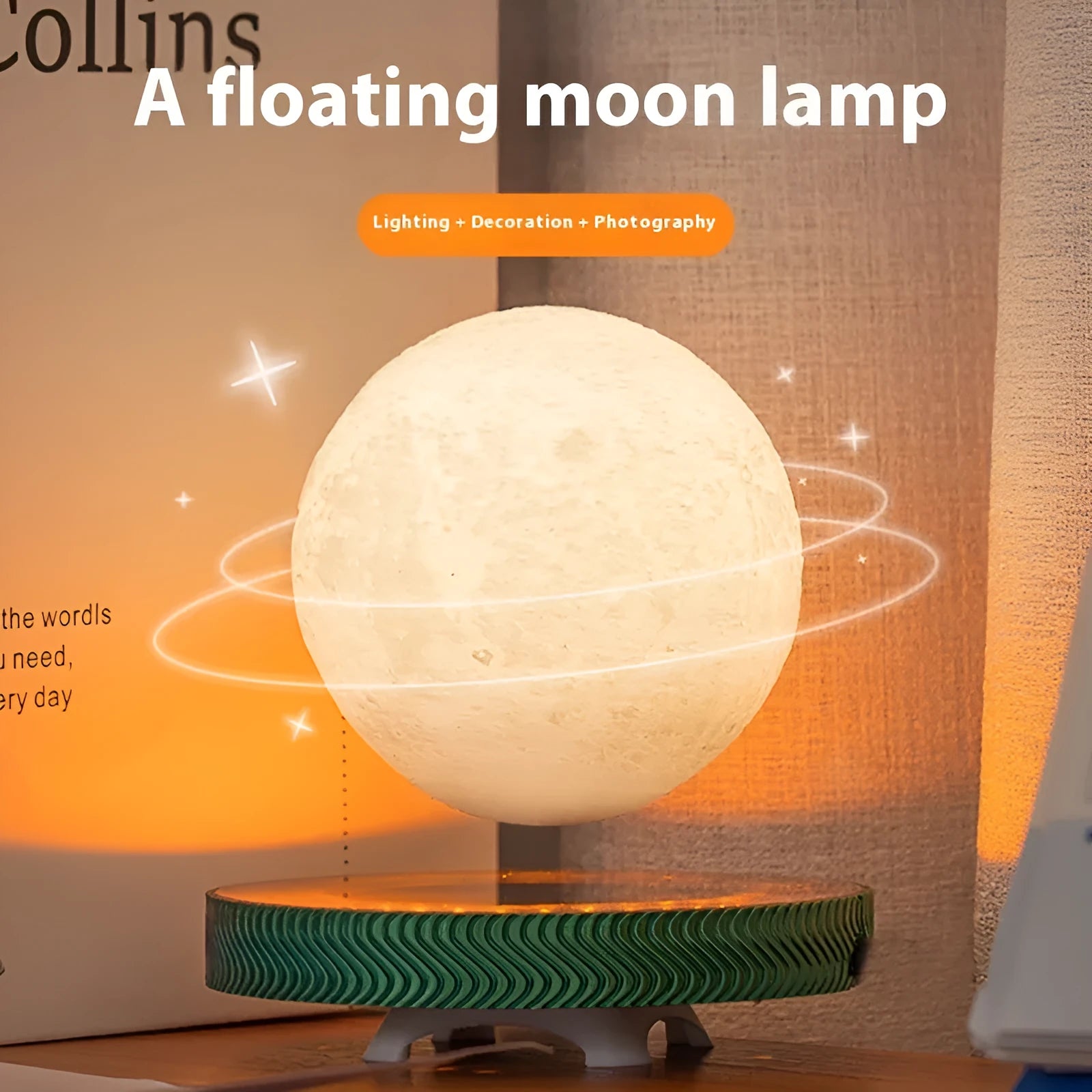 Magnetic suspension moon night lamp with 3D printed celestial design floating above surface