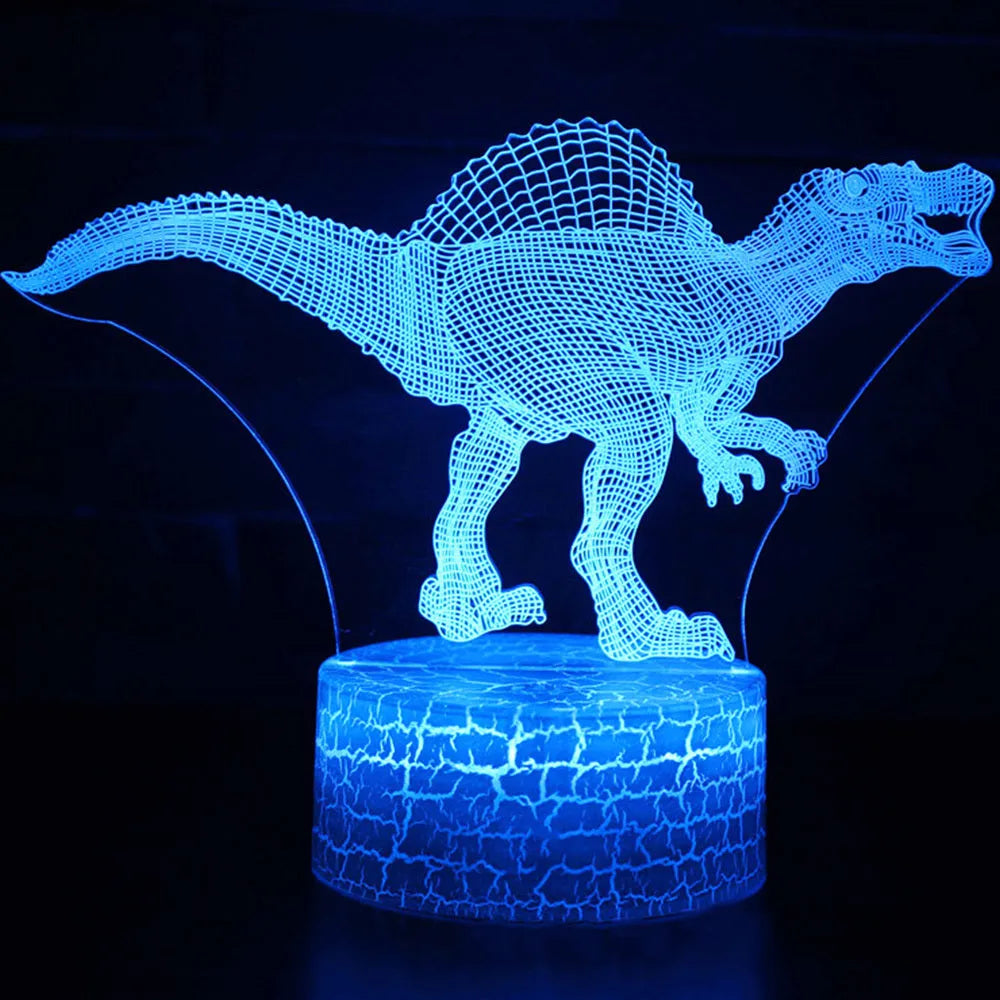 Colourful dinosaur-shaped 3D night light with touch controls on a black ABS base.