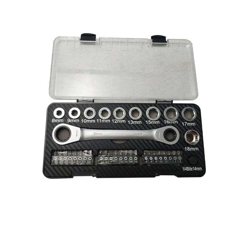 Dual-purpose ratchet wrench and screwdriver set with sockets and bit heads on a white background.