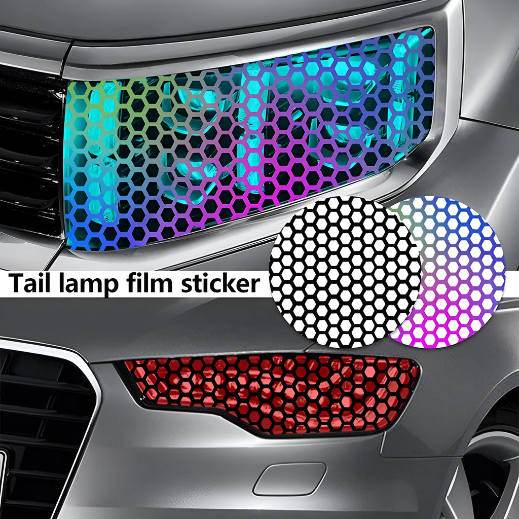 Honeycomb pattern vinyl sticker sheet for car taillights in black, carbon fibre, or colourful finish, 48cm by 30cm.
