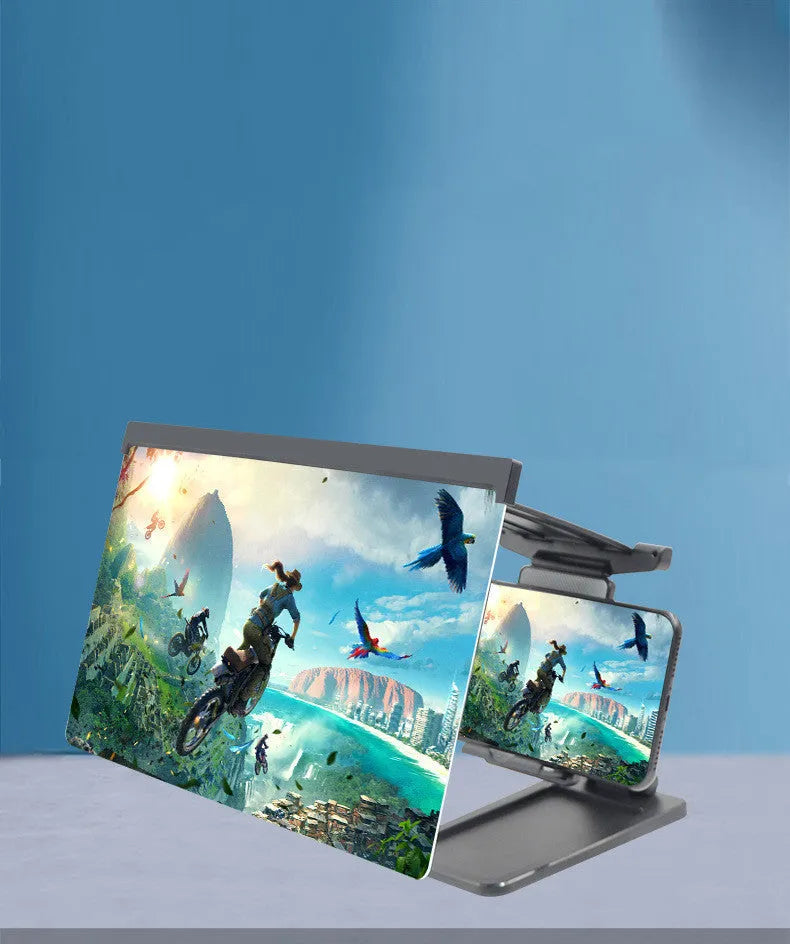 Black folding mobile phone screen magnifier and adjustable holder on a desktop.