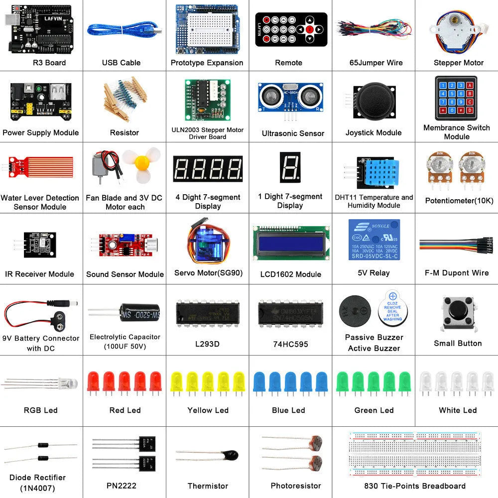 LAFVIN Arduino UNO R3 Super Starter Kit showing blue development board, breadboard, LEDs, sensors, and motors
