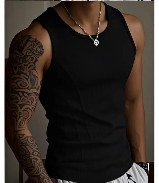 Men's tight fit black vest with American stitching I-shaped design on chest