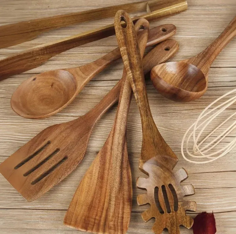 Seven-piece wooden cooking utensil set with spoons and spatulas for non-stick pans