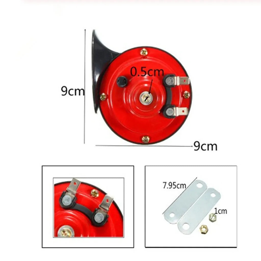 Red 12V single tone snail horn, 110dB, 30W, copper voice coil, plastic diaphragm, for motorcycle use