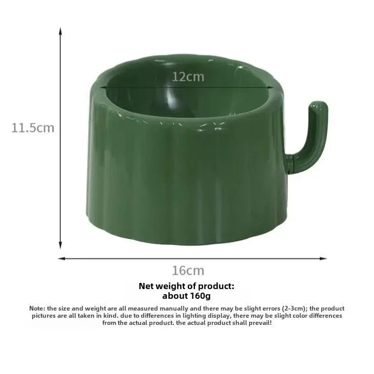 Solid green ceramic cat bowl with cactus pattern, high sides, and anti-slip rubber base ring.