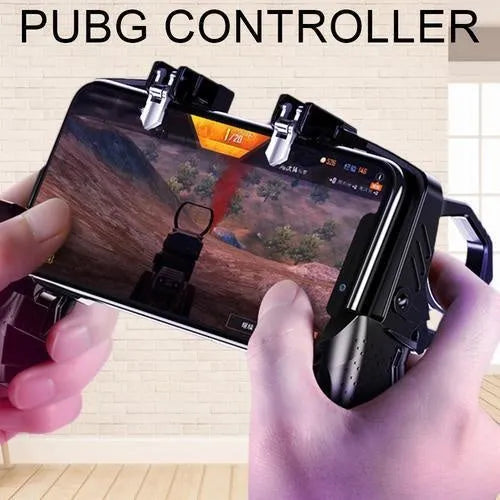 Black multi-function gamepad for PUBG Mobile with integrated phone holder and ergonomic handle design