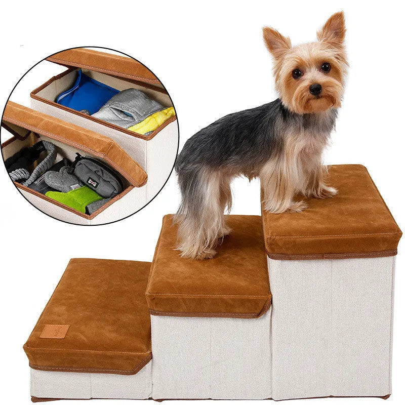 Foldable pet dog stairs in brown flannel and cotton with a cloth storage box on a wooden floor