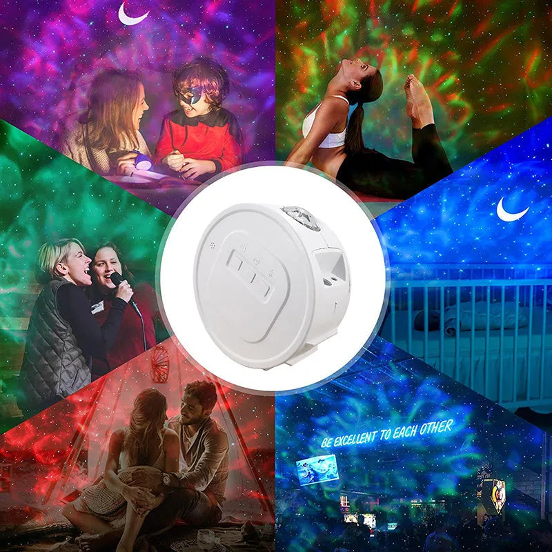 USB Ocean Star Projection Light with 360 degree rotation, starry sky pattern projected on ceiling, white lamp body on desk