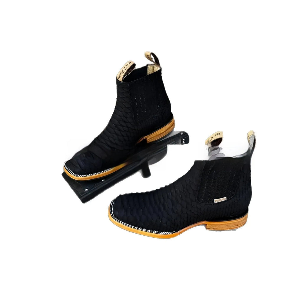 Men's retro ankle boots with striped pattern in black, square toe design, artificial PU upper.