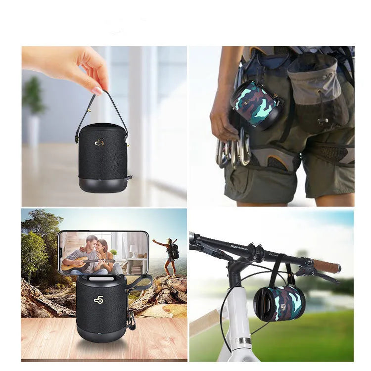 Compact waterproof Bluetooth speaker in multiple colours with a carrying strap.