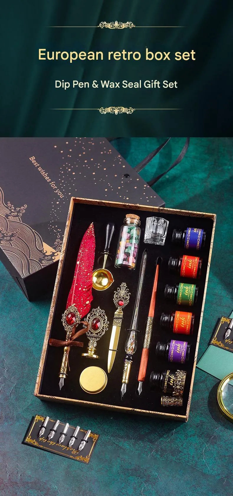 Gray mechanical feather fountain pen set with metal nib and plastic body for calligraphy