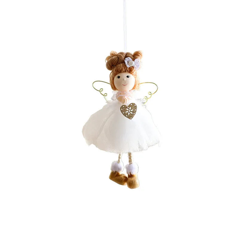 White Christmas tree angel girl hanging ornament with snowflake design and mixed material construction