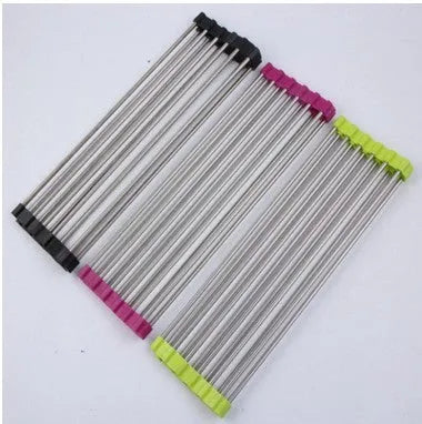 Folding stainless steel and plastic kitchen sink drain rack in blue, shown extended for use and collapsed for storage.