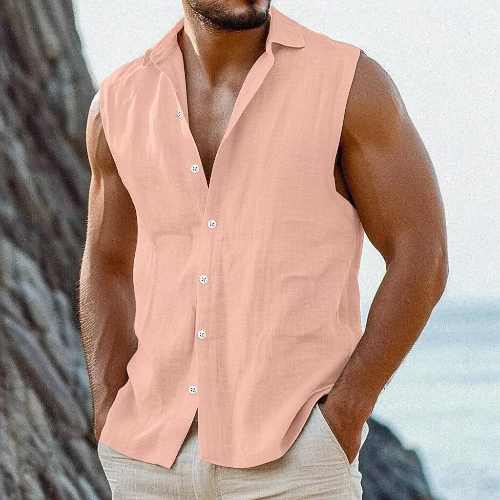 Cotton linen lapel shirt vest in blue, loose fit cardigan style with simple solid colour finish