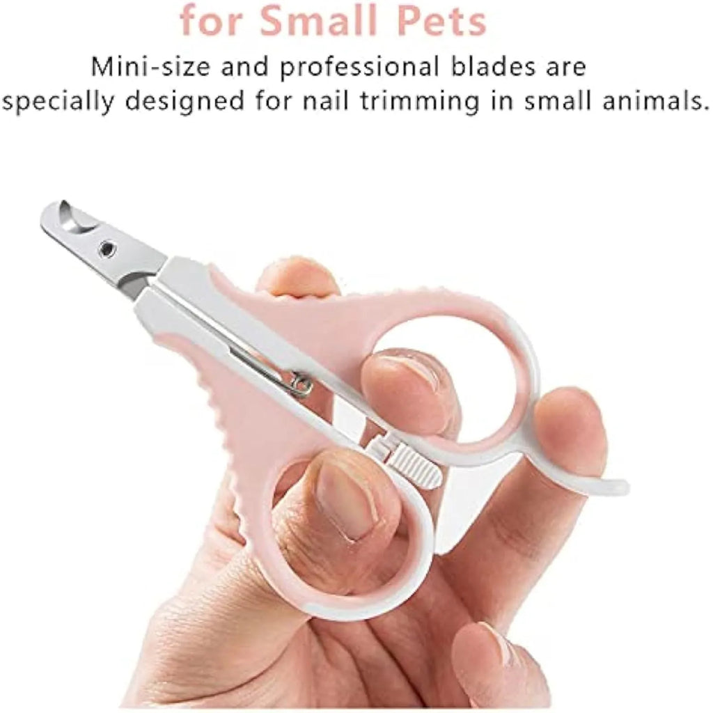 Grey and pink cat nail clippers with angled blade design and safety lock for small pet grooming