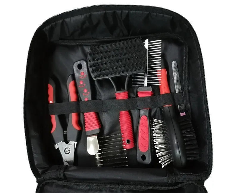 9-piece red pet cleaning set with Oxford waterproof bag, stainless steel and zinc alloy tools, 28x22x7cm