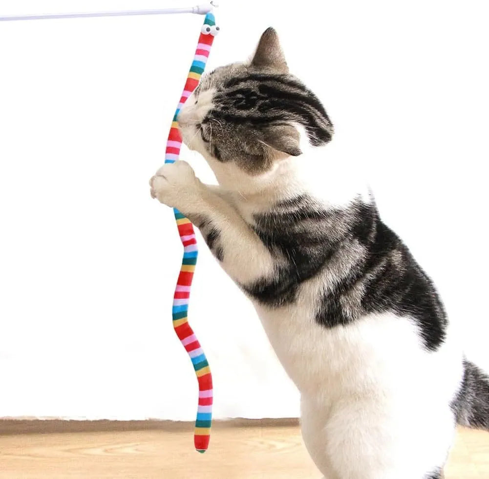 Cat teaser wand toy with long colourful plush strip on a polycarbonate handle