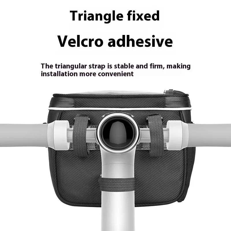 Black 7 inch polyester bicycle bag mounted on folding bike head tube