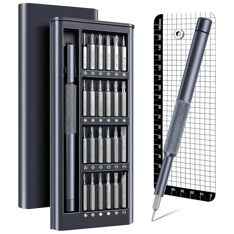 25-in-one precision screwdriver set with magnetic tip and knurled black handle, 110mm long.