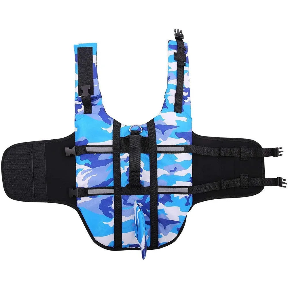 Dog lifesaving swimming suit in camouflage shark design, available in blue or rose red, sizes XS to XXL