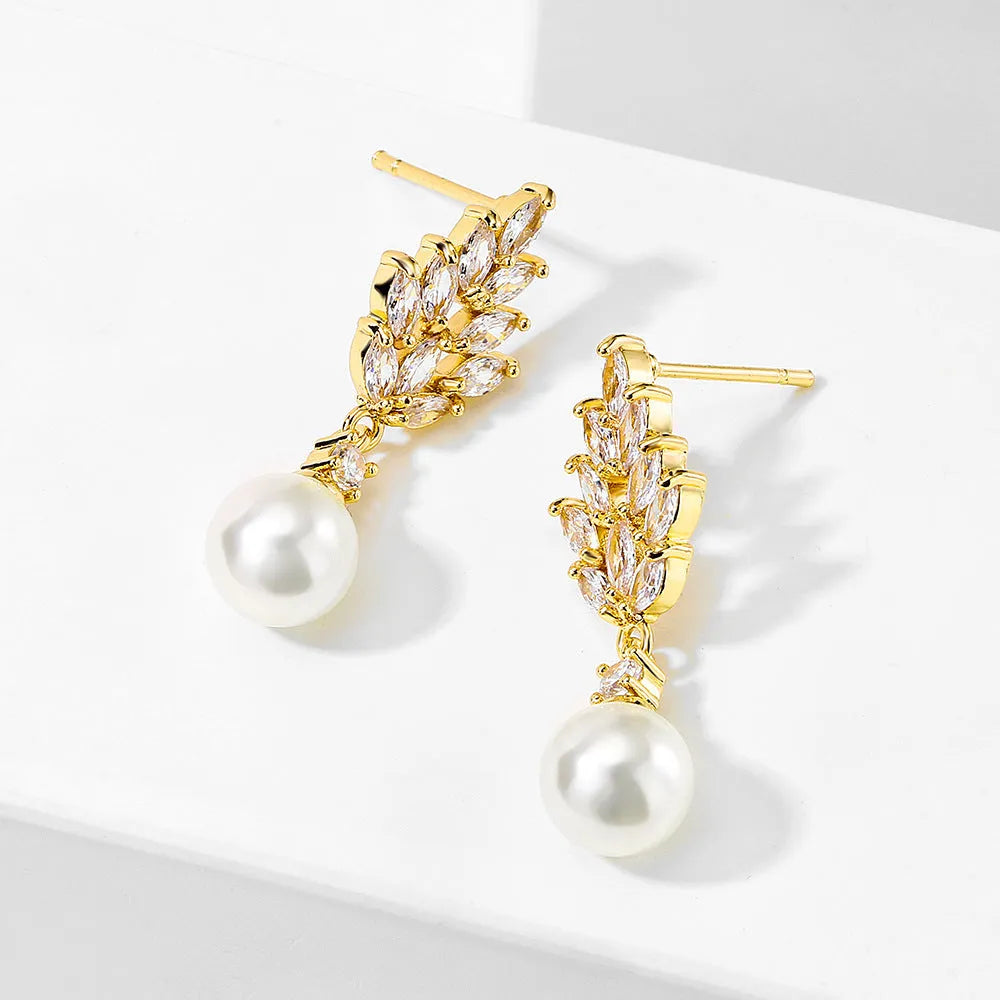 Geometric flower earrings with micro inlaid zircon and pearl accents in gold, white gold, and rose gold plating options
