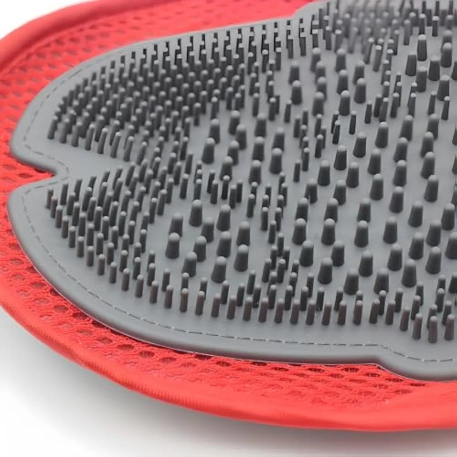 Red pet bathing glove with built-in brush for washing and hair removal