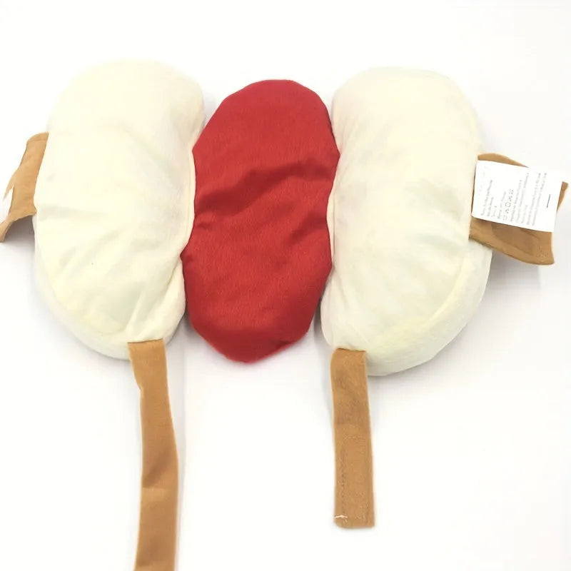 Small dog wearing a funny brown and beige full-body hot dog costume with bun sleeves.
