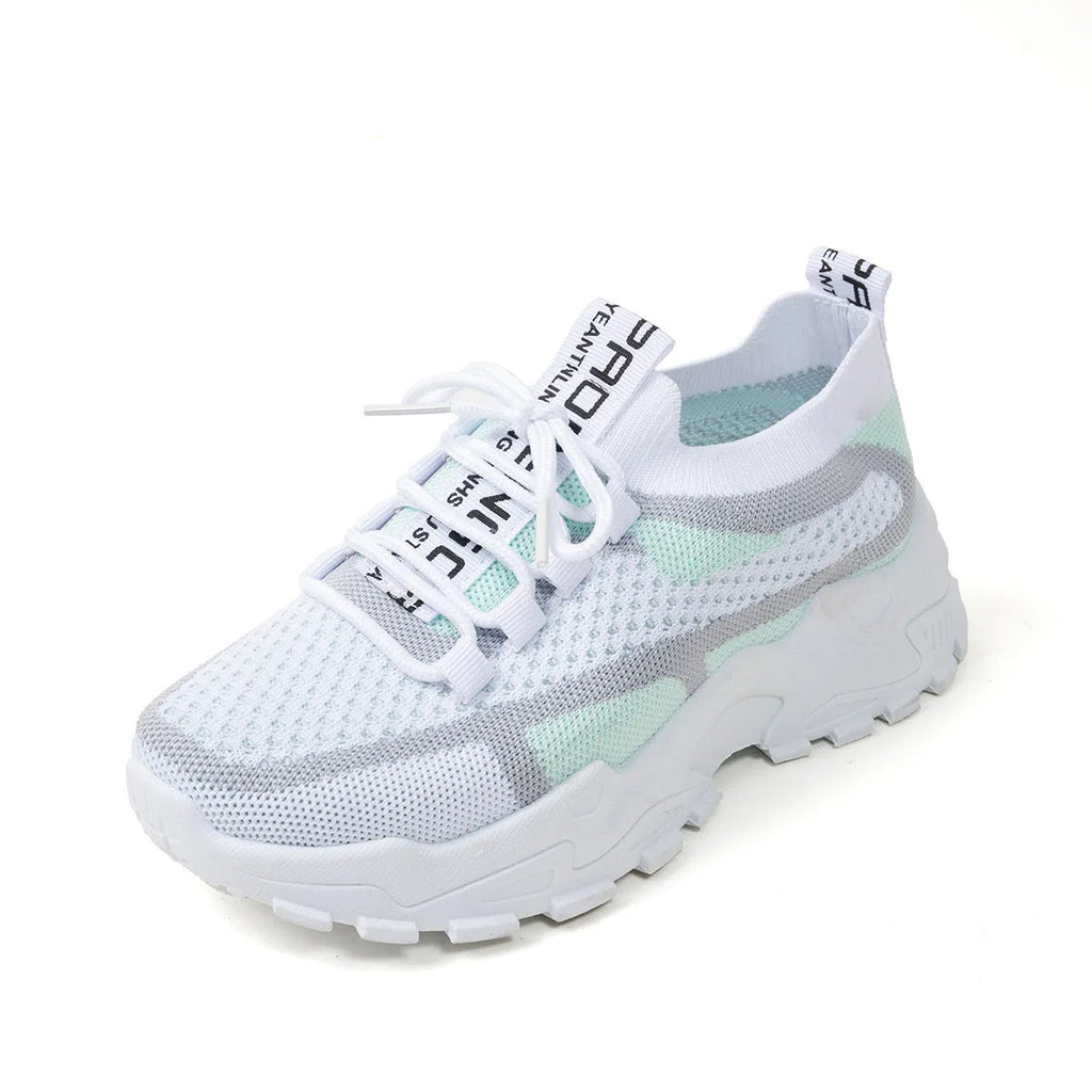 Women's Flyknit mesh lace-up sneakers in a grey colourway with a round toe and flat rubber sole.