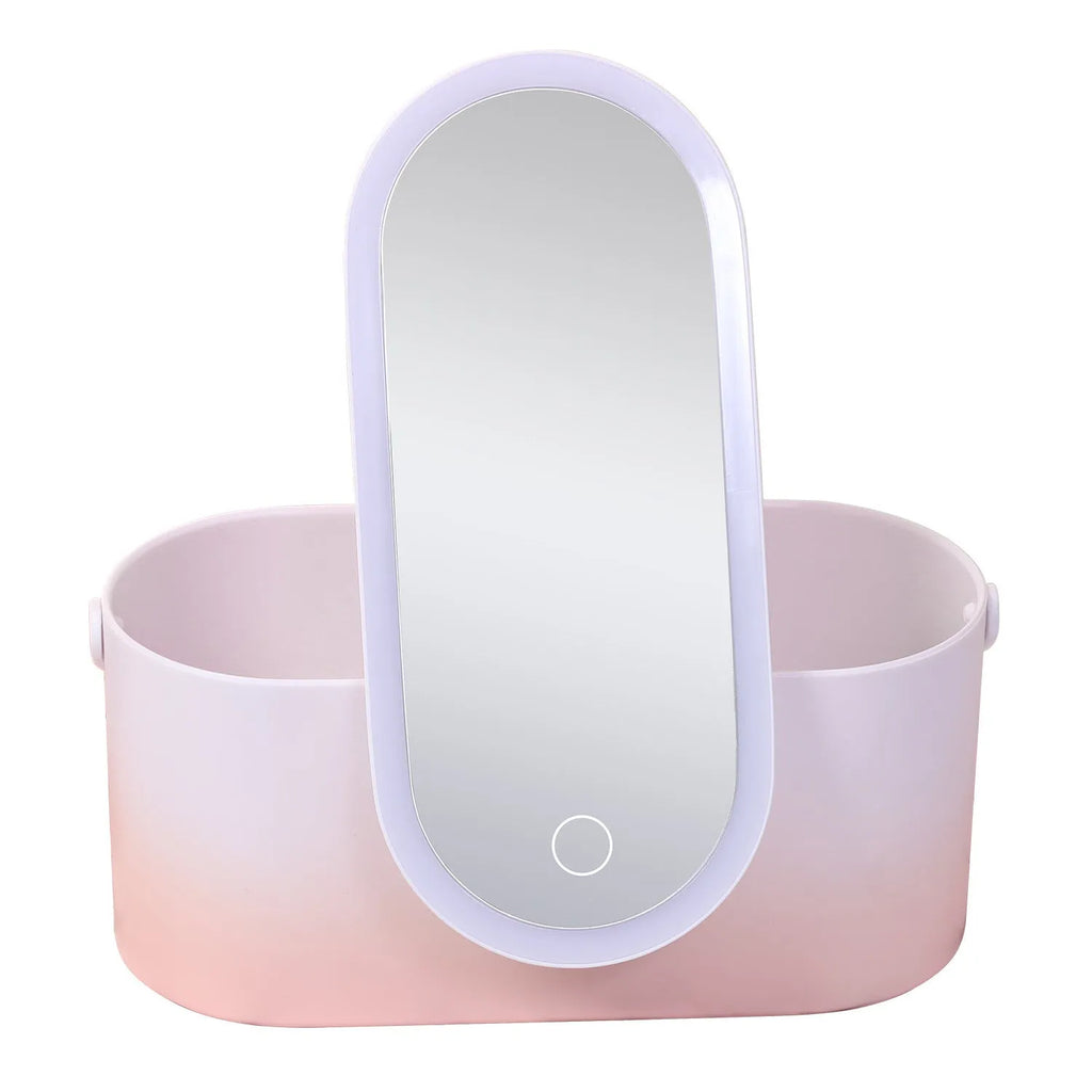 Pink gradient portable LED makeup mirror and organiser storage box with USB charging port.