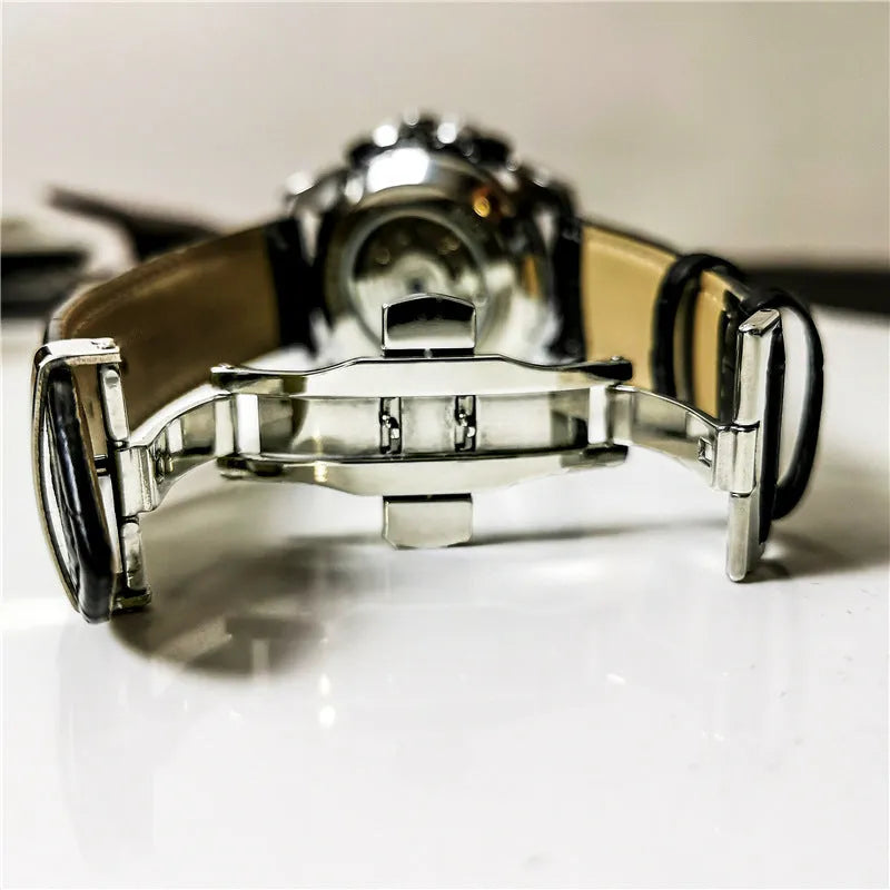 Men's automatic mechanical watch showing various colour options including black steel case and silver case with white dial.