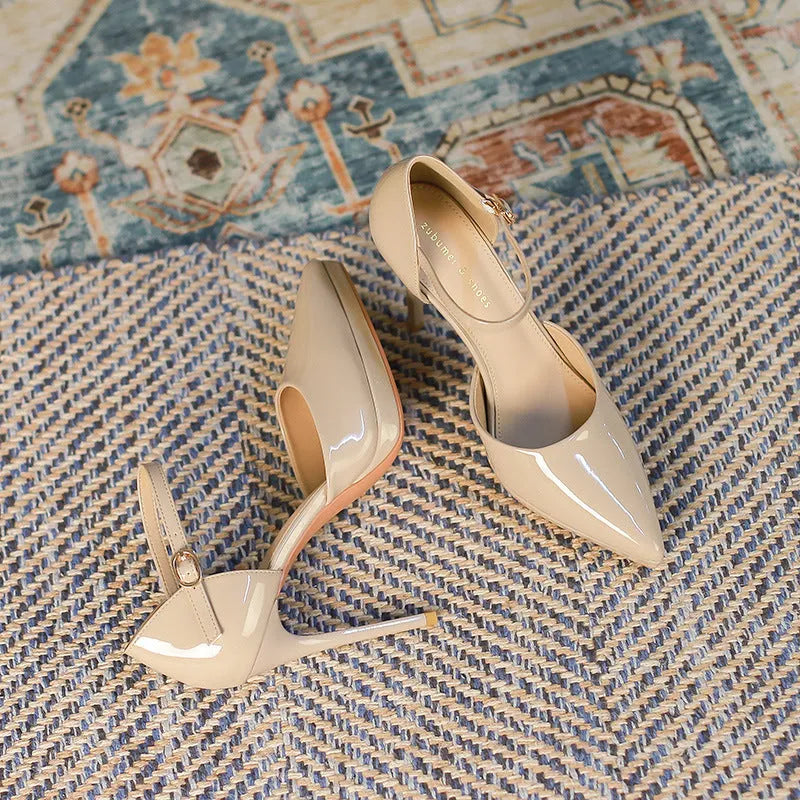 Women's pointed-toe high heels with 10.5cm stiletto heel, waterproof platform, leather upper, hollow design