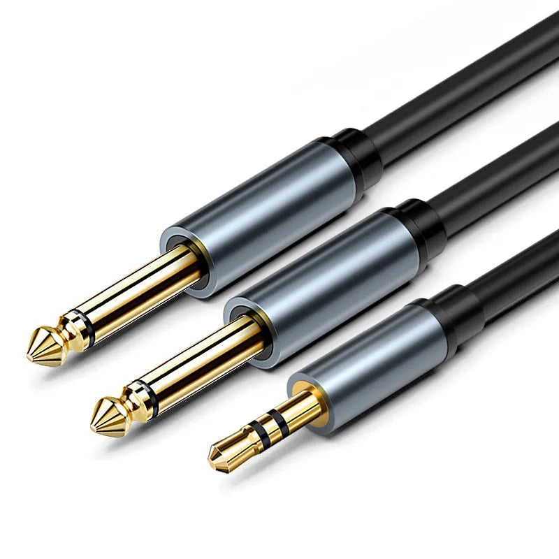 3.5mm to two 6.5mm male jack audio cable with black insulation and gold-plated plugs.